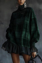 Plaid Print High-Neck Long-Sleeve Loose Ruffle Mini Dress