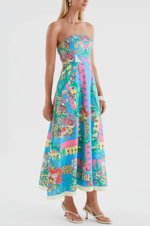 Unique Printed Sleeveless Off-shoulder Casual Vacation Midi Dresses