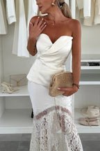 Stylish Satin Sleeveless Off-shoulder Top and Elegant Patchwork Lace Maxi Skirt Set