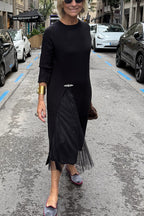 Jollie Knit Long Sleeve Front Slit Midi Sweater and Pleated Tulle Stretch Tank Midi Dress Two-piece Set