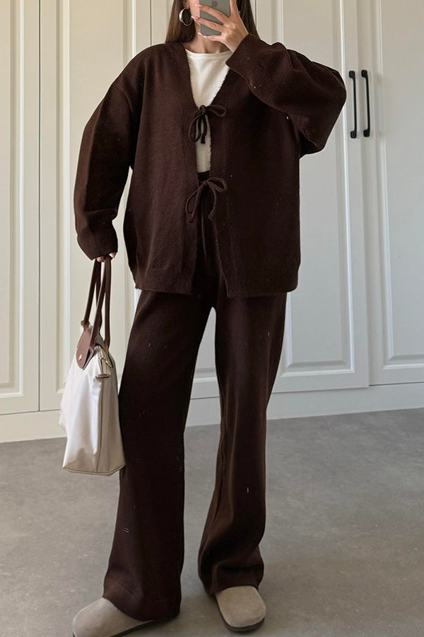 Solid Color V-neck Tie Long-sleeved Loose Knit Cardigan and Elastic Waist Casual Straight Leg Pants Set