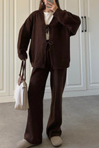 Solid Color V-neck Tie Long-sleeved Loose Knit Cardigan and Elastic Waist Casual Straight Leg Pants Set