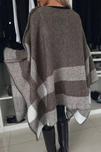 Calm and Elegant Knit Plaid Color Block Batwing Sleeve Loose Poncho