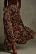 Stylish Velvet Long-sleeved Fitted Top and Unique Printed Casual Pocket Maxi Skirt Set