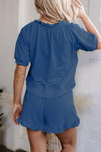 Women's Casual Half-zip Top and Ruffle Shorts Set