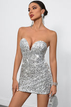 Deep V Strapless Sequin Mini Dress