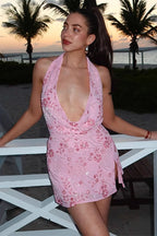 Sequin Beaded Draped Neck Backless Sexy Mini Sequin Dress