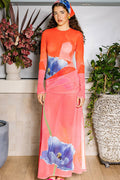 Printed Ruched Round Neck Slit Maxi Dress