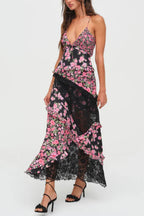 Fashionable Floral Print Lace Patchwork Hollow-out Slim Fit Vacation Ruffle Maxi Dress