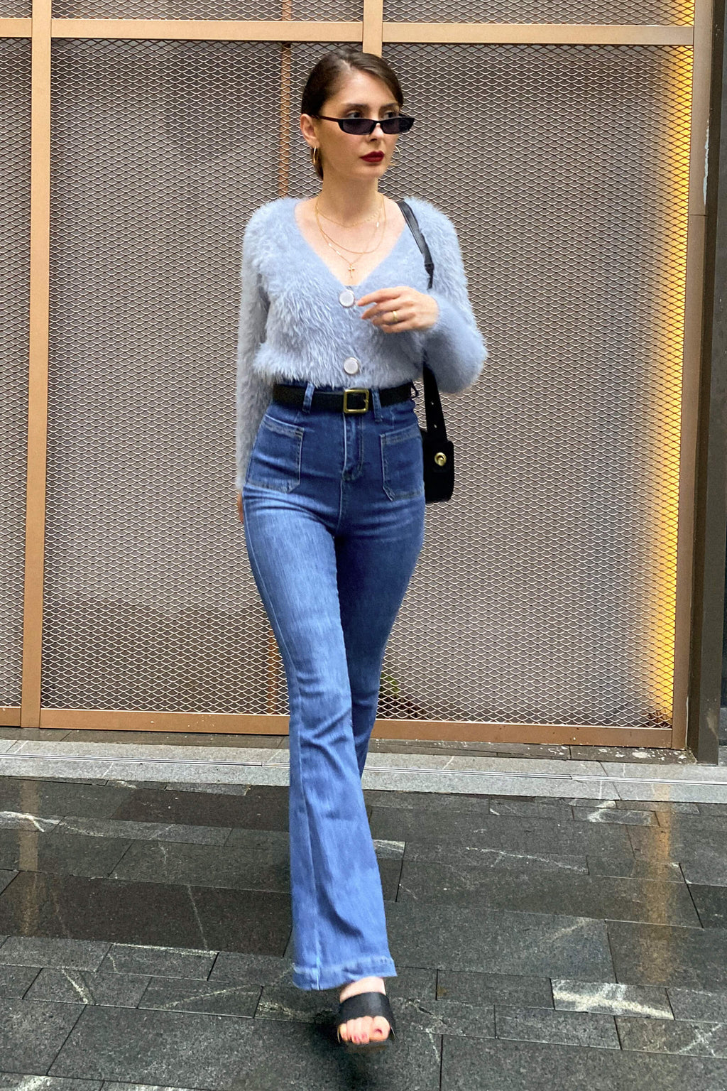 Dark Grey V-Neck Fuzzy Knit Cropped Cardigan