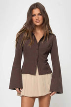 Covered Button Polo Stripe Blouse