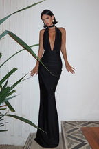 Sexy V-Neck Halter Backless Solid Slit Maxi Party Dress