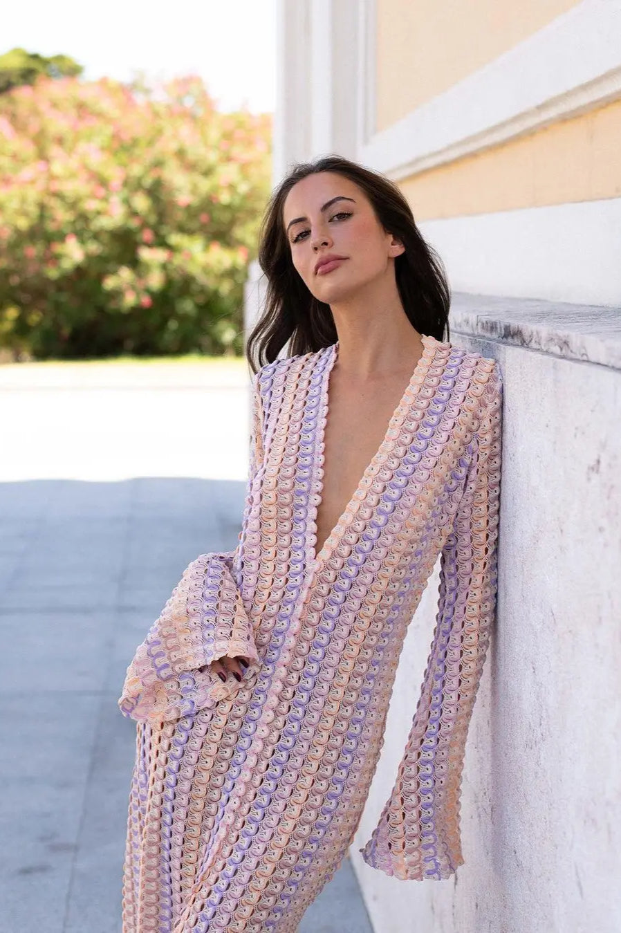 Crochet Colorful Stripe V Neck Flare Sleeve Maxi Dress