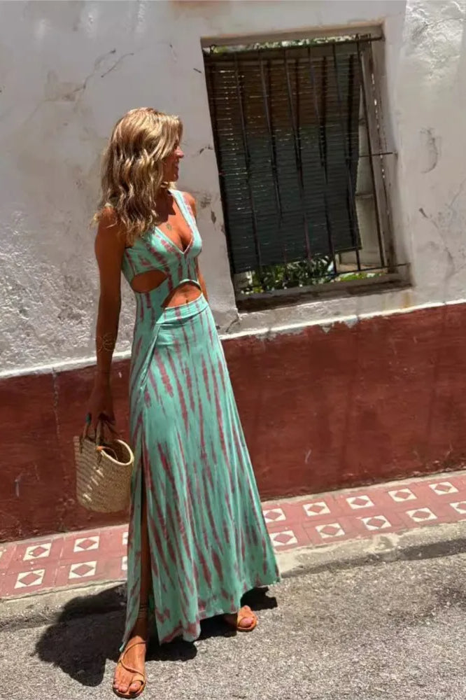 Print Slim Sleeveless V Neck Hollow Out Maxi Dress