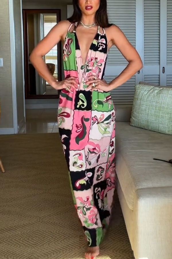Vacation Night Unique Color-block Print U-shaped Shoulder Strap Maxi Dress