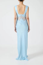 Effortless Elegance Satin Sheer Lace Patchwork V-neck Drape Maxi Dress