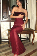 Strapless Furry Paneled Sheer Mesh Bodycon Maxi Dress