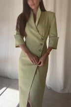 Elegant Look Linen Blend Stand Lapel Neck Half Sleeve Side Button Midi Dress