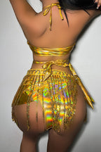 Metallic Halter Neck Tassel Stretch Bikini Swimsuit and Tassel Tie Skirt Three-piece Set