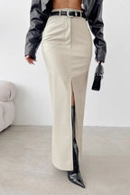 Solid Leather High Waist Slit Skirt