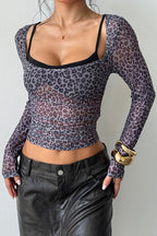 Leopard Print Fake Two-Piece Slim Long-Sleeve Blouse