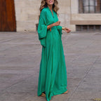 Noemí Minimalist Polished Long Sleeve Loose V Neck Waist Control Large Hem Dress Chic Silhouette Collection