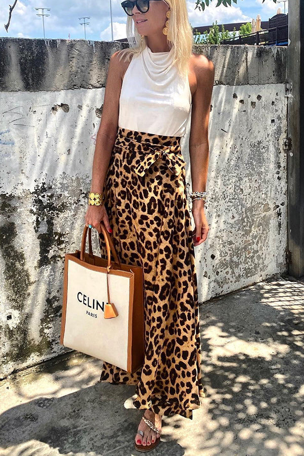 Today__ Journey Satin Leopard Tie Front Elastic Waist Midi Skirt