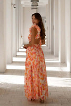 Deep V Backless Cutout Ruffle Floral Dress