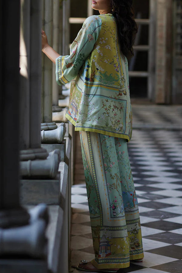 Elonie Satin Floral Print V-neck Half Sleeve Top and Elastic Waist Wide Leg Pants Set