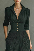 Elegant Pleated Lapel Waisted Long-sleeved Maxi Dress