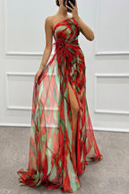 Renee Exclusive Amazing Views Off Shoulder Pleated Slit Maxi Dress with Feather Rose Detail in Watercolor Print Chic Silhouette Collection