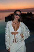 Tie Front Sequin Long Sleeve Blouse