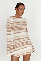 Striped Color-Block Knit Bell-Sleeve Backless Sweater Dress