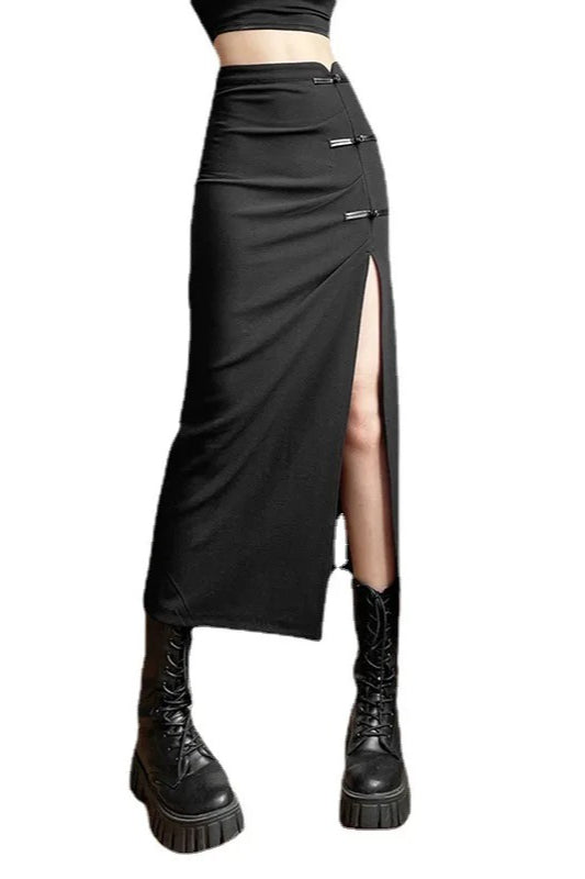 Black Sexy Women Aline Slits High Waist Slim Hipcovering Solid Midlength Long Streetwear Skirt