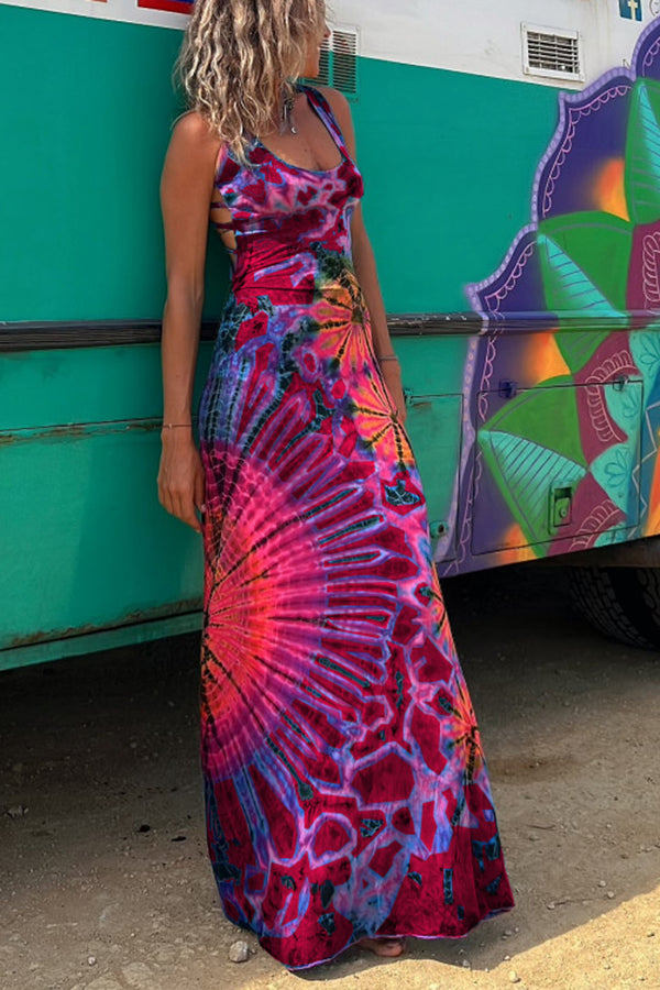 La Bamba Tie-dye Print Back Lace-up Stretch Maxi Dressï¼_ith built-in braï¼