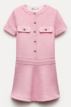 Rebekah Elevated 1960s London Girl Mini Dress in Textured Tweed with Gold Buttons and Short Sleeves and Pockets Boutique Collection