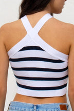 Striped Cross Front Halter Knit Top