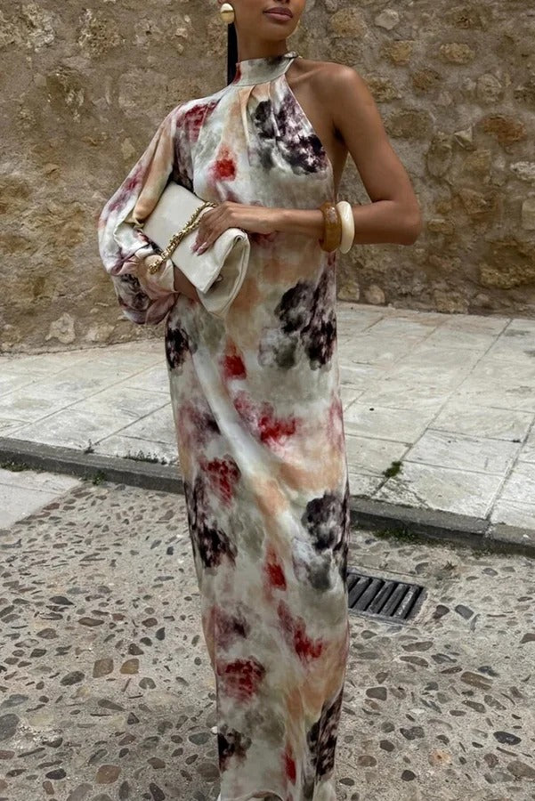 Ninah Satin Tie-dye Print Tie-up Neck One Sleeve H-line Maxi Dress