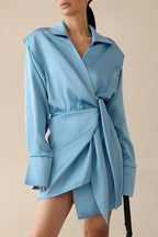 Solid Wrap Front Long Sleeve Slim Waist Mini Dress
