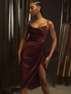 Slim Fit Sexy Halter Neck Satin Split Party Dress