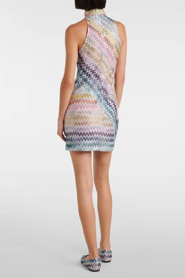 Whimsical Moment Knit Colorful Zigzag Pattern High Neck Sleeveless Mini Dress
