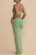 Emara Stretch Mesh Hand Beaded Detachable Belt Gathered Waist Vacation Maxi Skirt