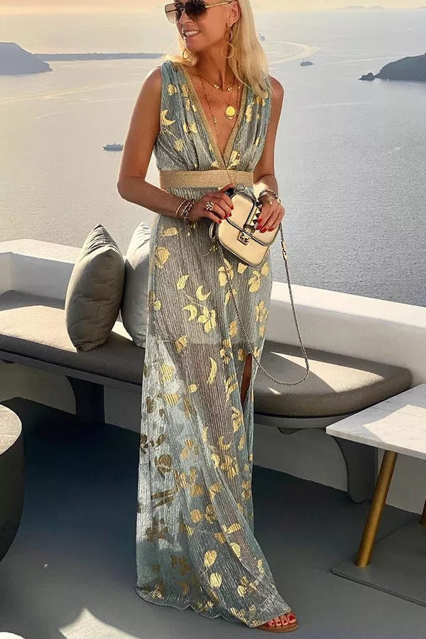 Regina Minimalist Golden Sunset Stories V Neck Maxi Dress Boutique Collection
