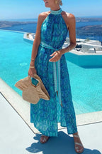 Bohemian Unique Print Slit Belted High Collar Maxi Dress
