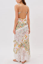 Fashionable Floral Print Lace Patchwork Hollow-out Slim Fit Vacation Ruffle Maxi Dress