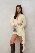 Beige V Neck Wrap Mini Dress