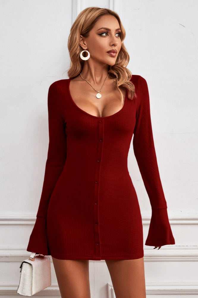 Buttoned U-Neck Bodycon Sweater Dress