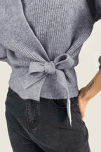 Grey Ribbed Knit Wrap Tie Side Cardigan
