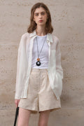 Elegant Sheer Linen Collared Long Sleeve Top