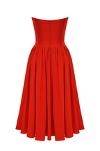 Strapless Corset Pleated Hem Prom Party Midi Dresses-Red